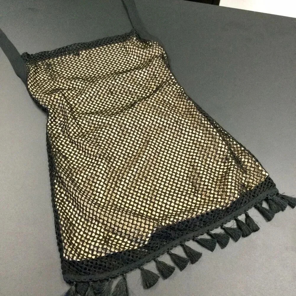 NWT Skylar‎ Rose Womens Black Crochet Lined Tassel Halter Open Back Dress Medium